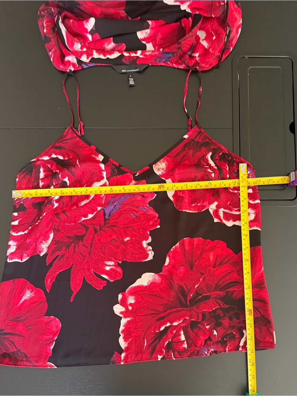 White House Black Market Black Sheer Blouse with Red Floral Print - Picture 5 of 7